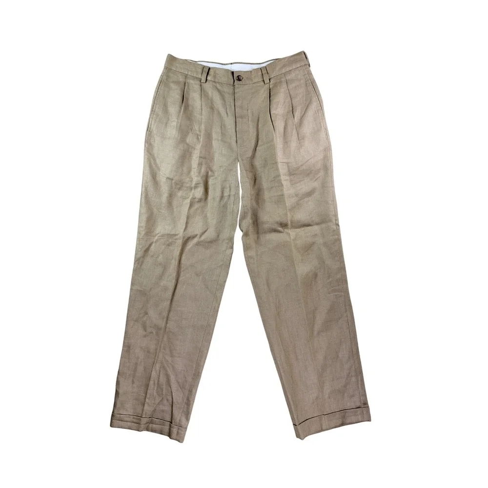 Brooks Brothers Linen Trousers Mens 33x32 Khaki Pleated Cuffed 346 Dress Pants